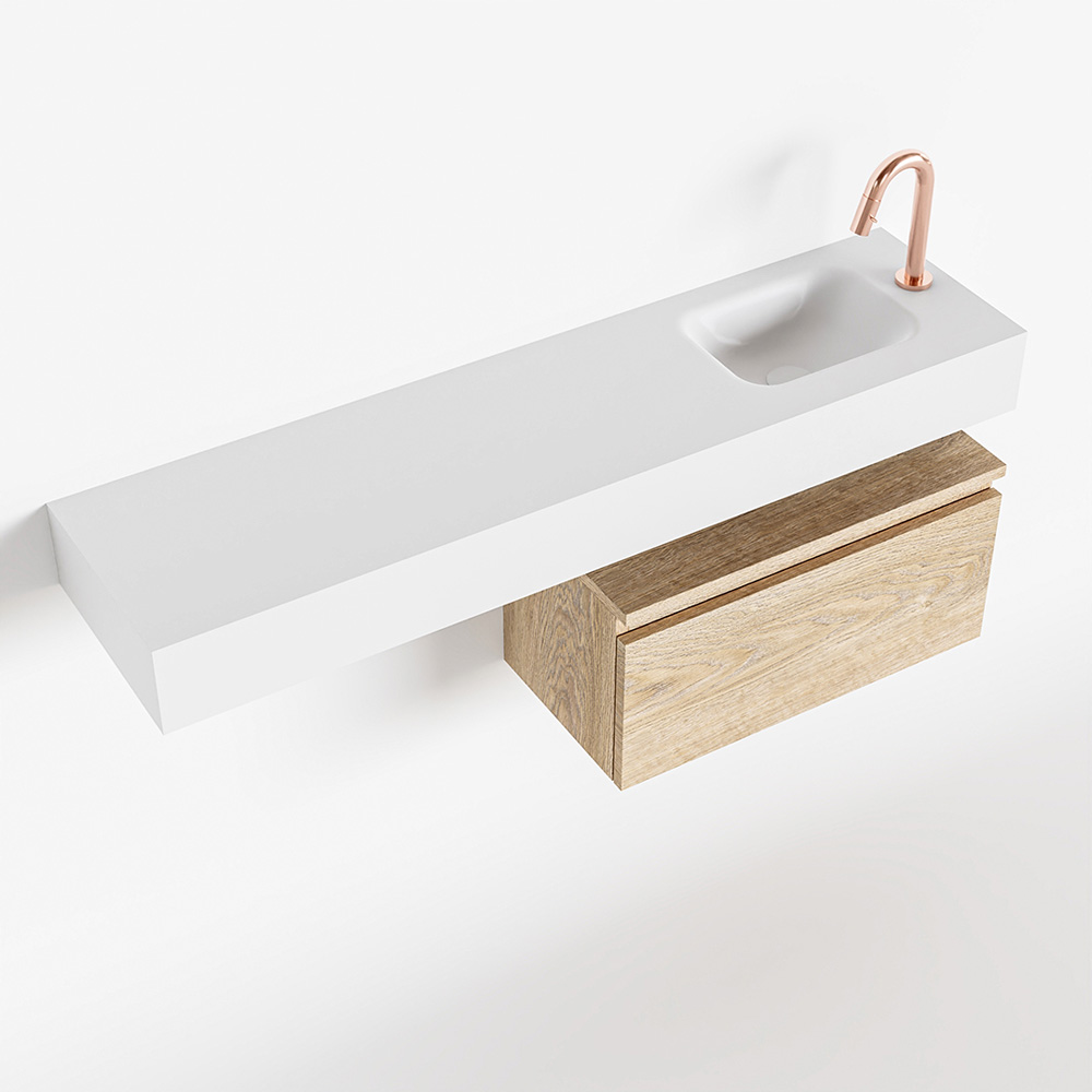 MONDIAZ ANDOR 60cm toiletmeubel washed oak. LEX 120cm wastafel talc rechts 1 kraangat product afbeelding
