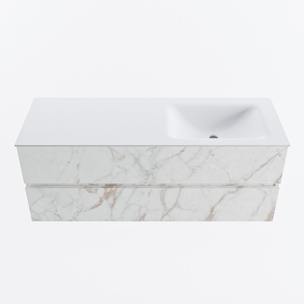 MONDIAZ VICA 130cm badmeubel onderkast Carrara 2 lades. Wastafel CLOUD rechts zonder kraangat, kleur Talc.