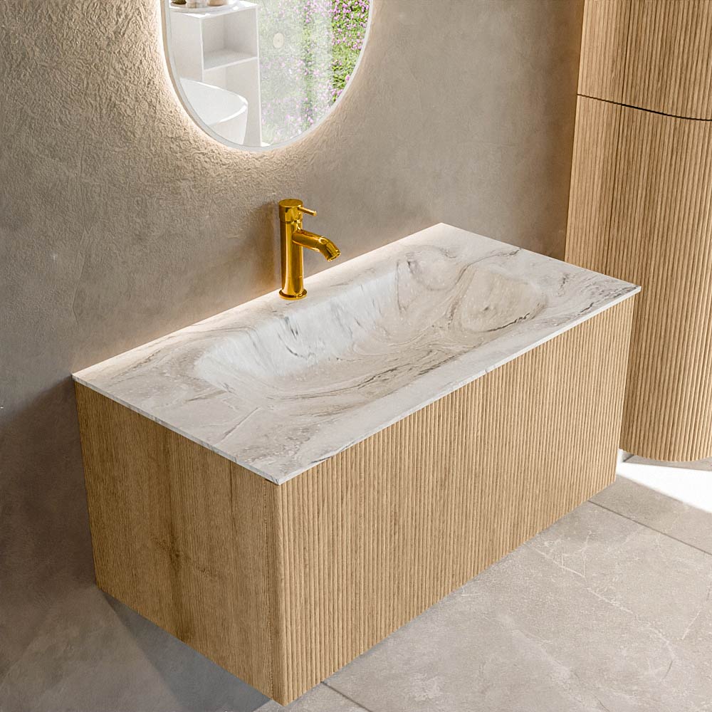 Mondiaz KURVE-DLUX 90 cm Onderkast Greeploos 1 Lade Zonder Deuren Oak, Wastafel Solid Surface Midden Glace 1 Kraangat Zonder Spiegel (KRVBGS901L0D1KM-Oak/Gla)