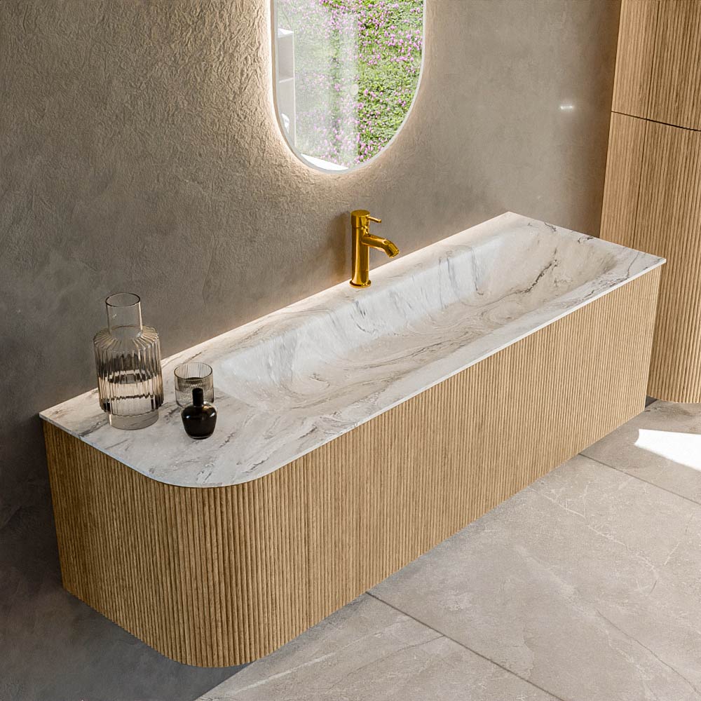 Mondiaz KURVE-DLUX 145 cm Onderkast Greeploos 1 Lade Met Deuren Oak, Wastafel Solid Surface Rechts Glace 1 Kraangat Zonder Spiegel (KRVBGL145L1L1D1KR-Oak/Gla)