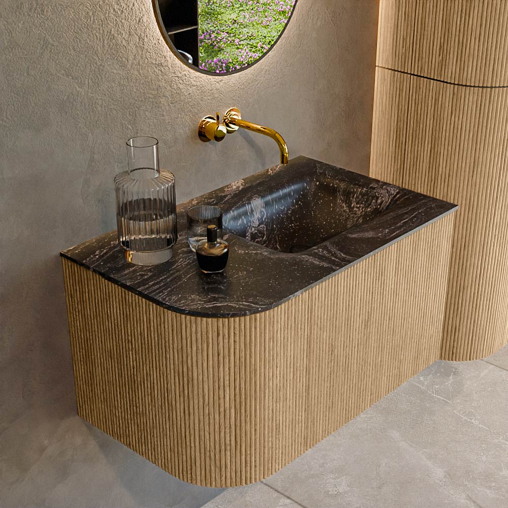 Mondiaz KURVE-DLUX 75 cm Onderkast Greeploos 1 Lade Met Deuren Oak, Wastafel Solid Surface Rechts Lava 0 Kraangaten Zonder Spiegel (KRVGRU75L1L1D0KR-Oak/Lav)