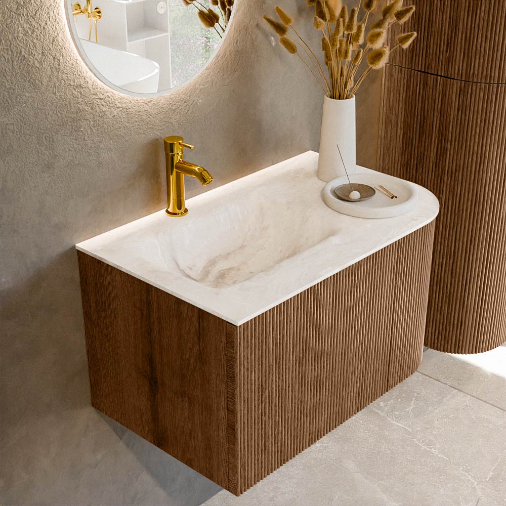 Mondiaz KURVE-DLUX 75 cm Onderkast Greeploos 1 Lade Met Deuren Walnut, Wastafel Solid Surface Links Frappe 1 Kraangat Zonder Spiegel (KRVGRU75R1L1D1KL-Wal/Fra)