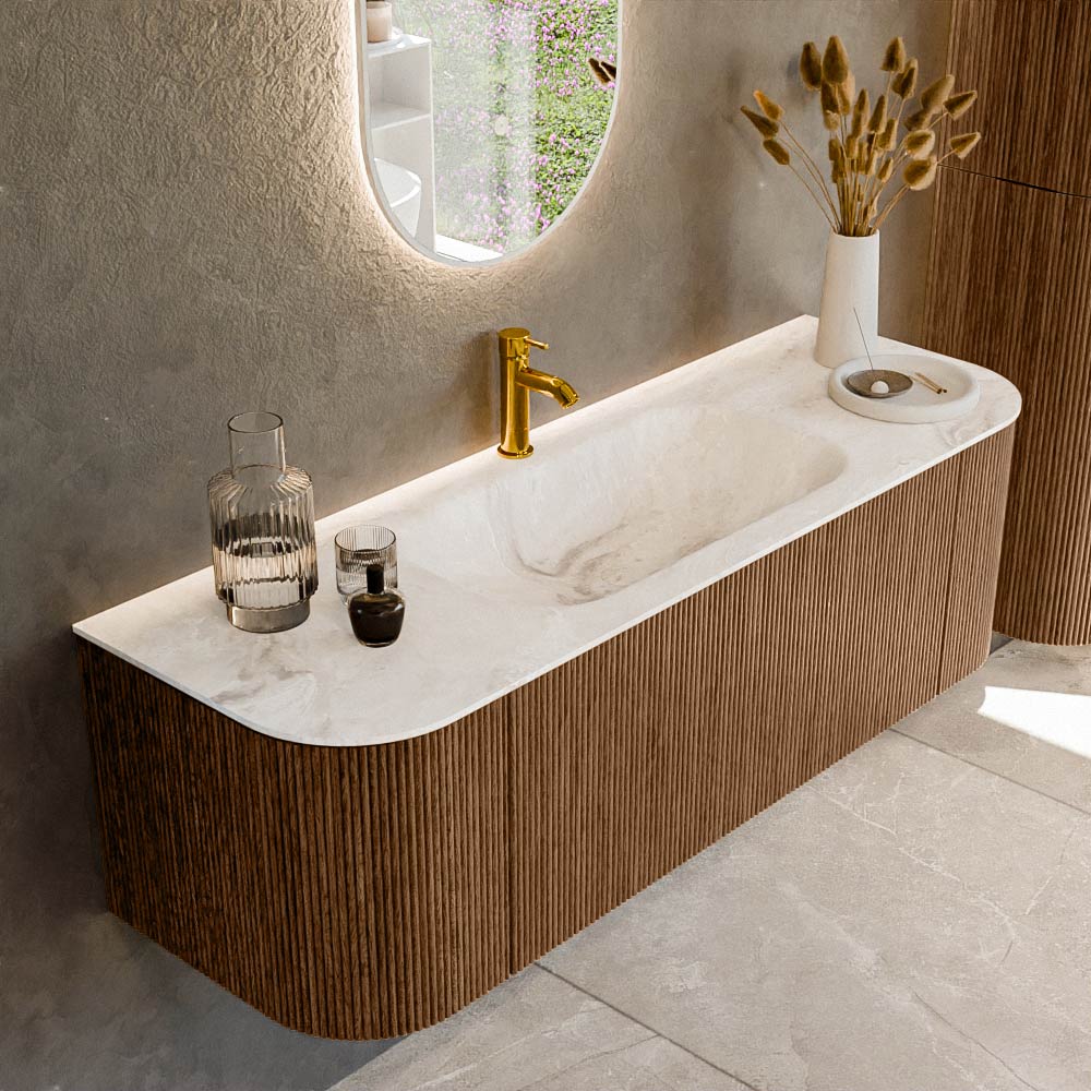 Mondiaz KURVE-DLUX 140 cm Onderkast Greeploos 1 Lade Met Deuren Walnut, Wastafel Solid Surface Midden Frappe 1 Kraangat Zonder Spiegel (KRVBGS140L+R1L2D1KM-Wal/Fra)