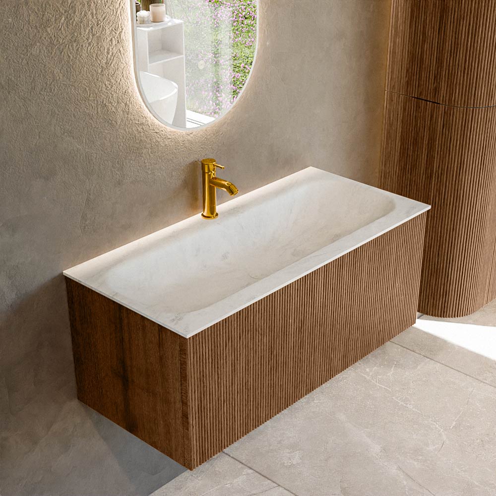 Mondiaz KURVE-DLUX 100 cm Onderkast Greeploos 1 Lade Zonder Deuren Walnut, Wastafel Solid Surface Volledig Opalo 1 Kraangat Zonder Spiegel (KRVBGM1001L0D1KM-Wal/Opa)