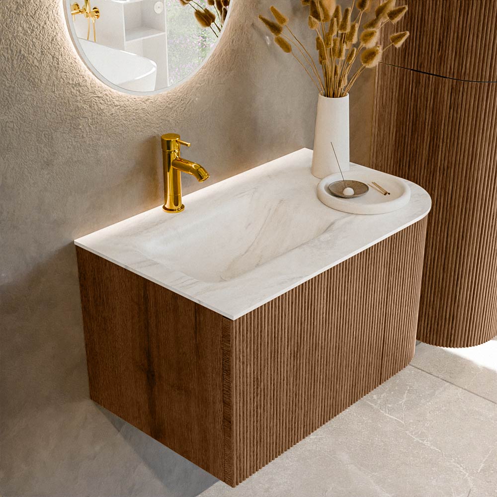 Mondiaz KURVE-DLUX 75 cm Onderkast Greeploos 1 Lade Met Deuren Walnut, Wastafel Solid Surface Links Ostra 1 Kraangat Zonder Spiegel (KRVGRU75R1L1D1KL-Wal/Ost)
