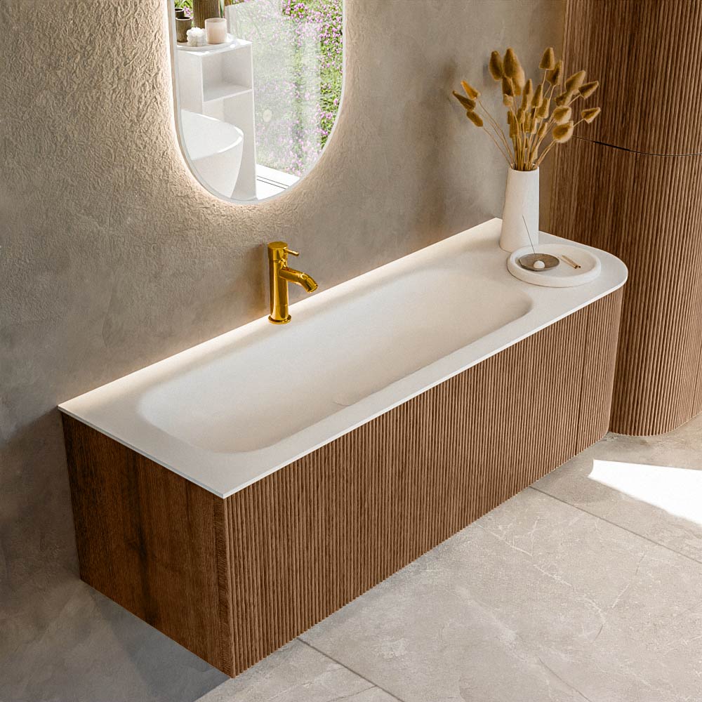 Mondiaz KURVE 135 cm Onderkast Greeploos 1 Lade Met Deuren Walnut, Wastafel Solid Surface Links Talc 1 Kraangat Zonder Spiegel (KRVBGM135R1L1D1KL-Wal/Tal)