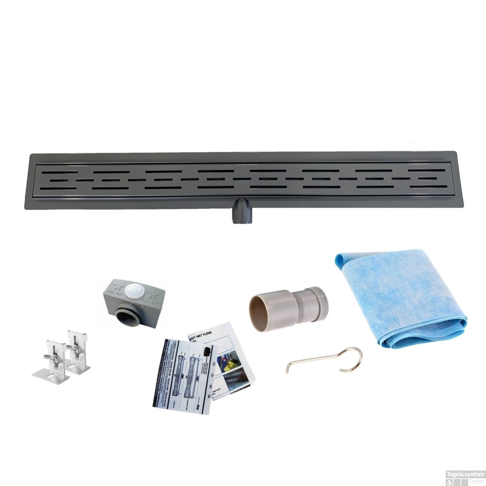 Zwarte Chromen RVS Douchegoot Flens met Uitneembaar Sifon 50x7cm 6,7cm