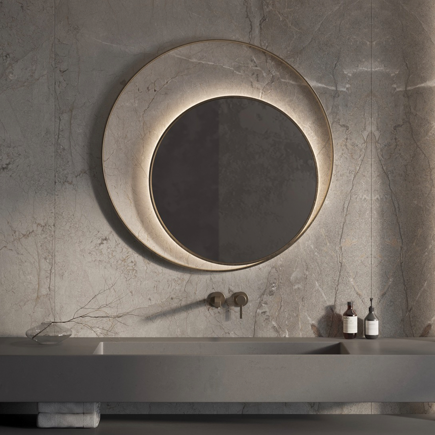 Designspiegel Martens & Meijer Athene Rond met Frame en Indirecte LED Verlichting 90 cm Geborsteld Goud