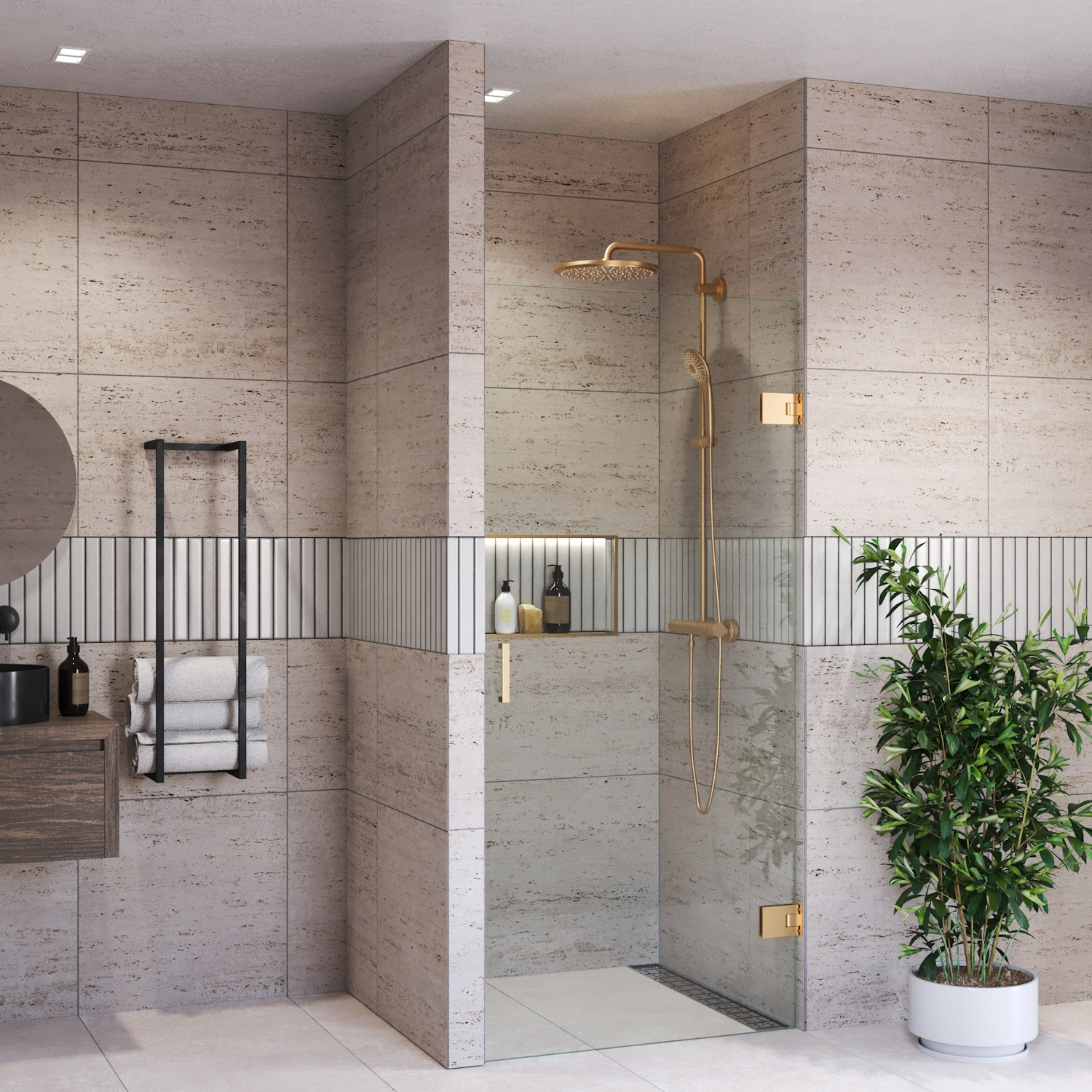 Douchedeur BWS Portos Profielloos Geborsteld Messing Goud 200 cm Helder Glas 8 mm Nano Coating (Alle Maten)