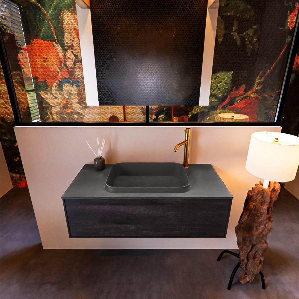 Badkamermeubelset Mondiaz Erin 100 cm met 1 Lade met RIDGE Wastafel Midden Dark grey met 1 kraangat Greeploos Mat Antracite