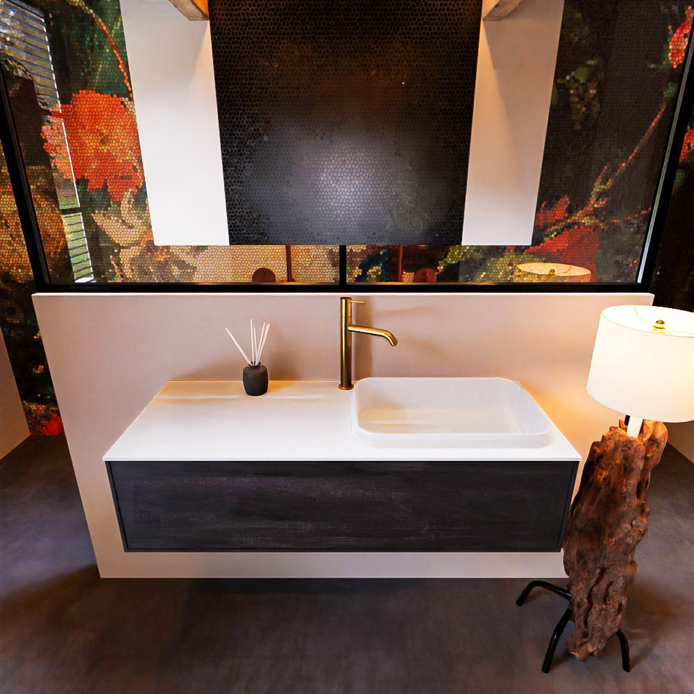 MONDIAZ ERIN 120cm badmeubel onderkast kleur Antracite met 1 lade. Wastafel RIDGE rechts 1 kraangat kleur Talc. product afbeelding