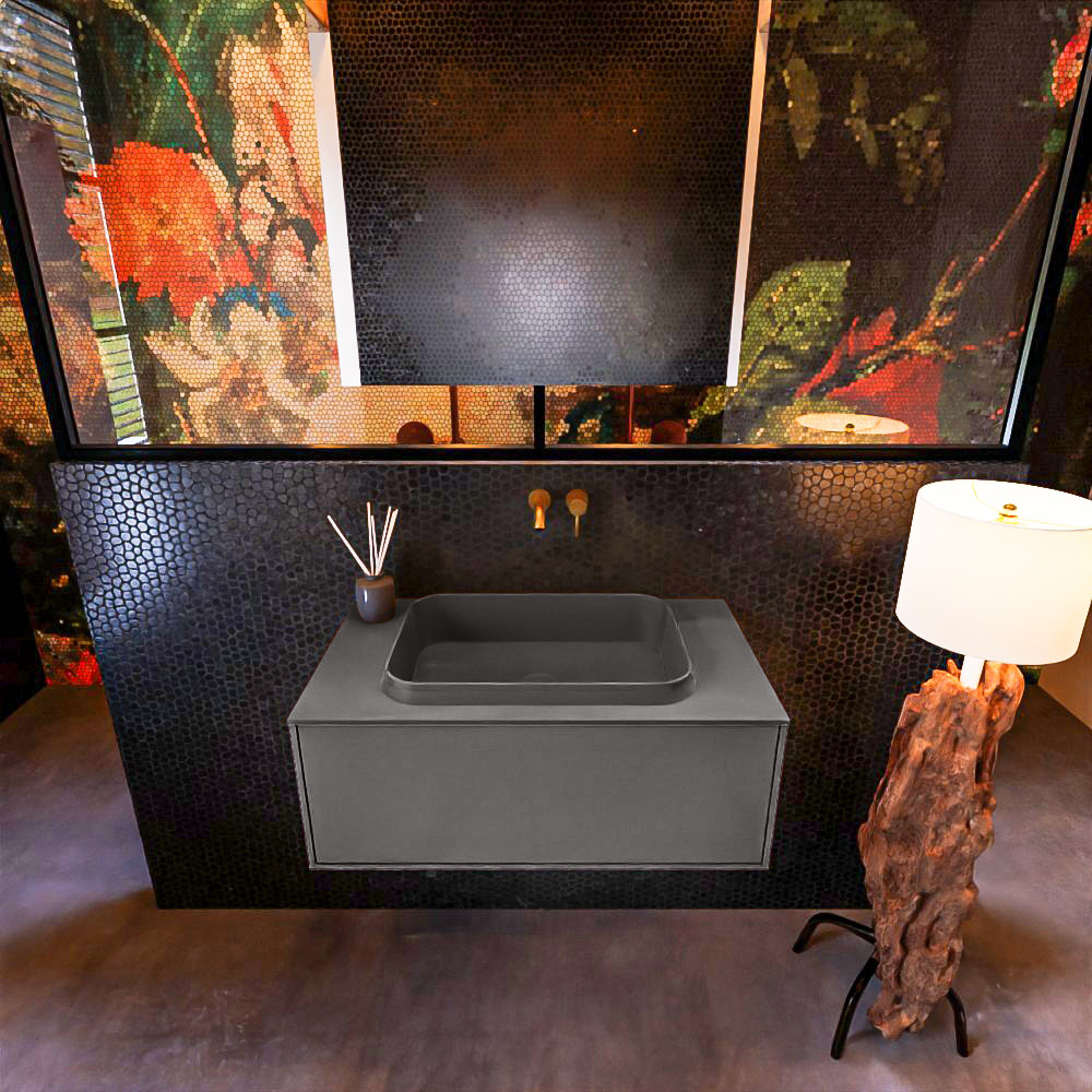 MONDIAZ ERIN 80cm badmeubel onderkast kleur Dark_grey met 1 lade. Wastafel RIDGE midden zonder kraangaten kleur Dark_grey. product afbeelding