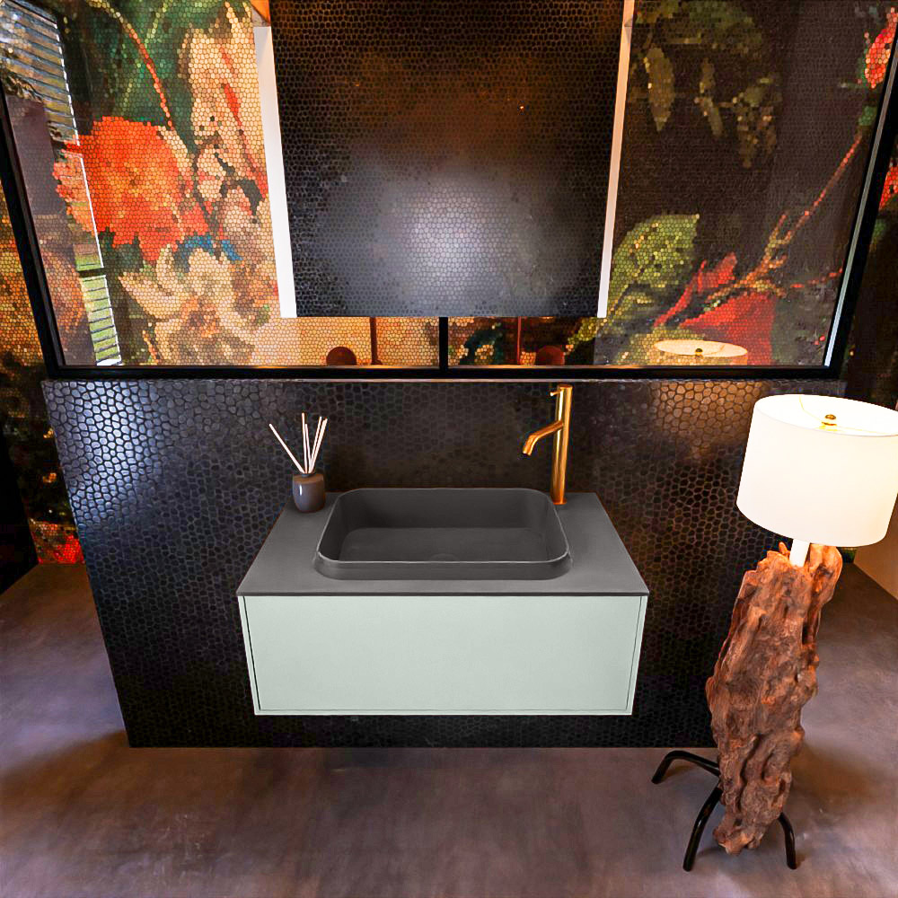 Badkamermeubelset Mondiaz Erin 80 cm met 1 Lade met RIDGE Wastafel Midden Dark grey met 1 kraangat Greeploos Mat Greey