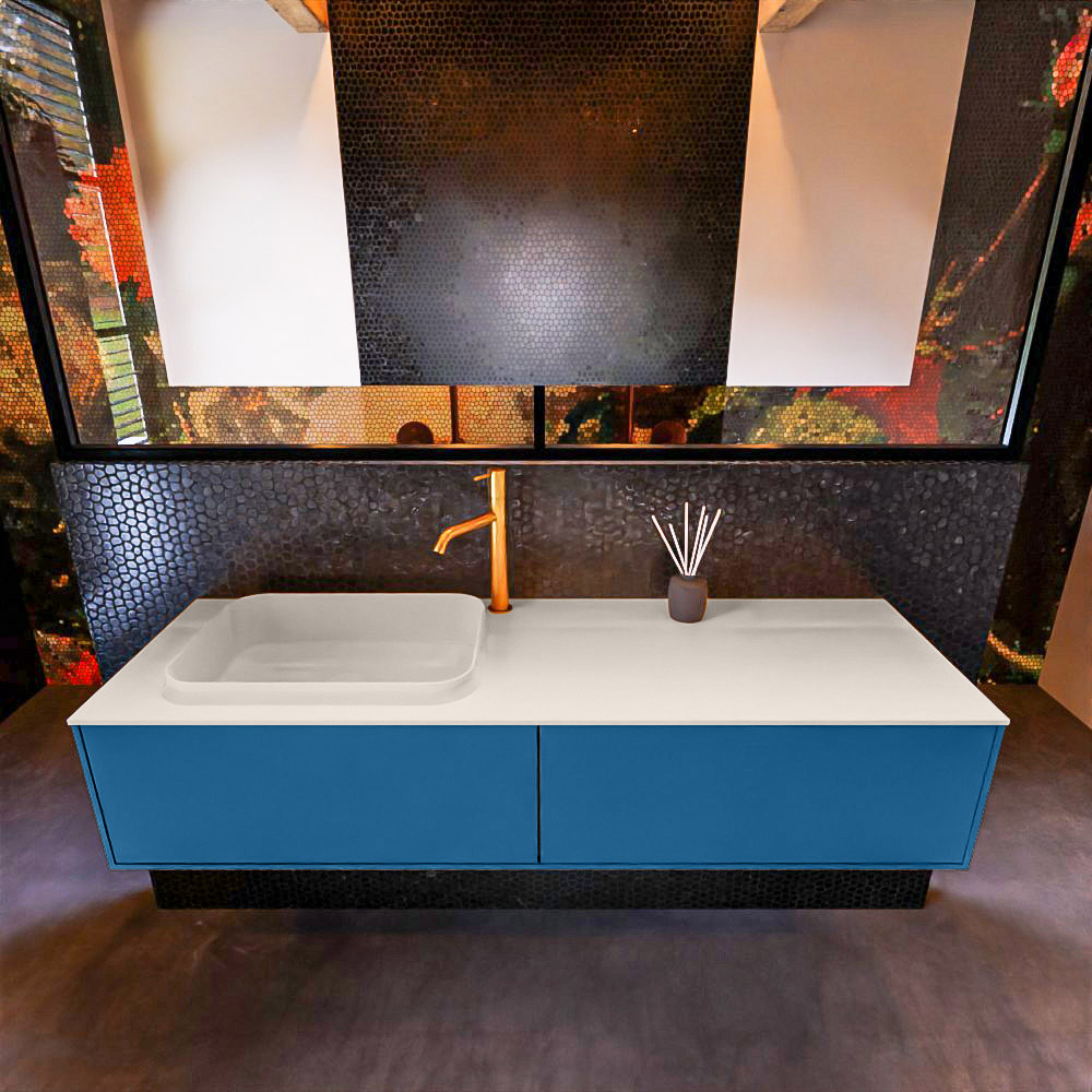 MONDIAZ ERIN 150cm badmeubel onderkast kleur Jeans met 2 lades. Wastafel RIDGE links 1 kraangat kleur Linen. product afbeelding