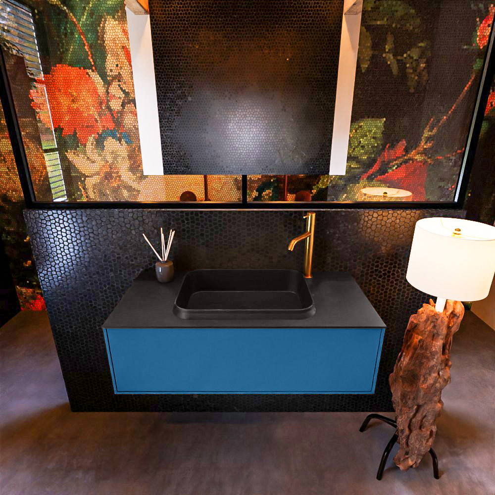 MONDIAZ ERIN 100cm badmeubel onderkast kleur Jeans met 1 lade. Wastafel RIDGE midden 1 kraangat kleur Urban. product afbeelding