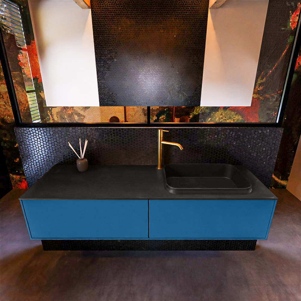 Badkamermeubelset Mondiaz Erin 150 cm met 2 Lades met RIDGE Wastafel Rechts Urban met 1 kraangat Greeploos Mat Jeans