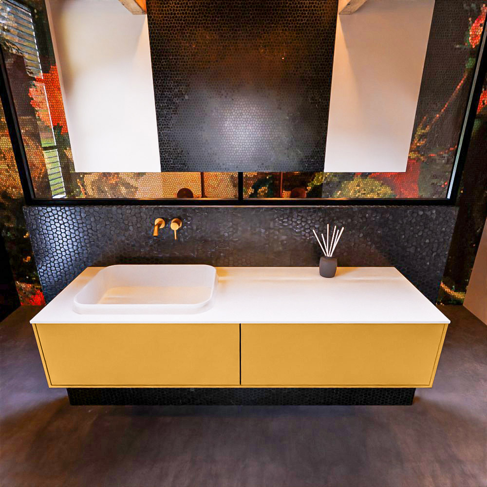 MONDIAZ ERIN 150cm badmeubel onderkast kleur Ocher met 2 lades. Wastafel RIDGE links zonder kraangaten kleur Talc. product afbeelding
