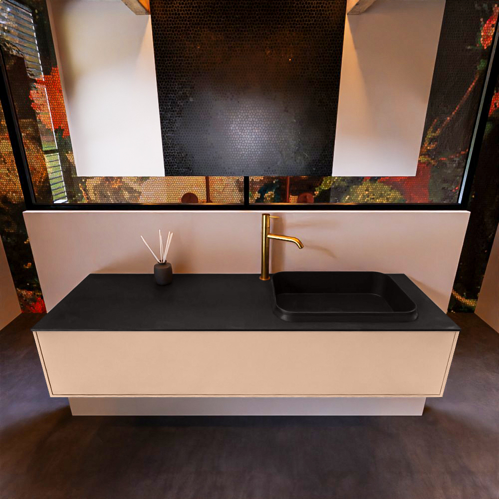 Badkamermeubelset Mondiaz Erin 150 cm met 1 Lade met RIDGE Wastafel Rechts Urban met 1 kraangat Greeploos Mat Rosee