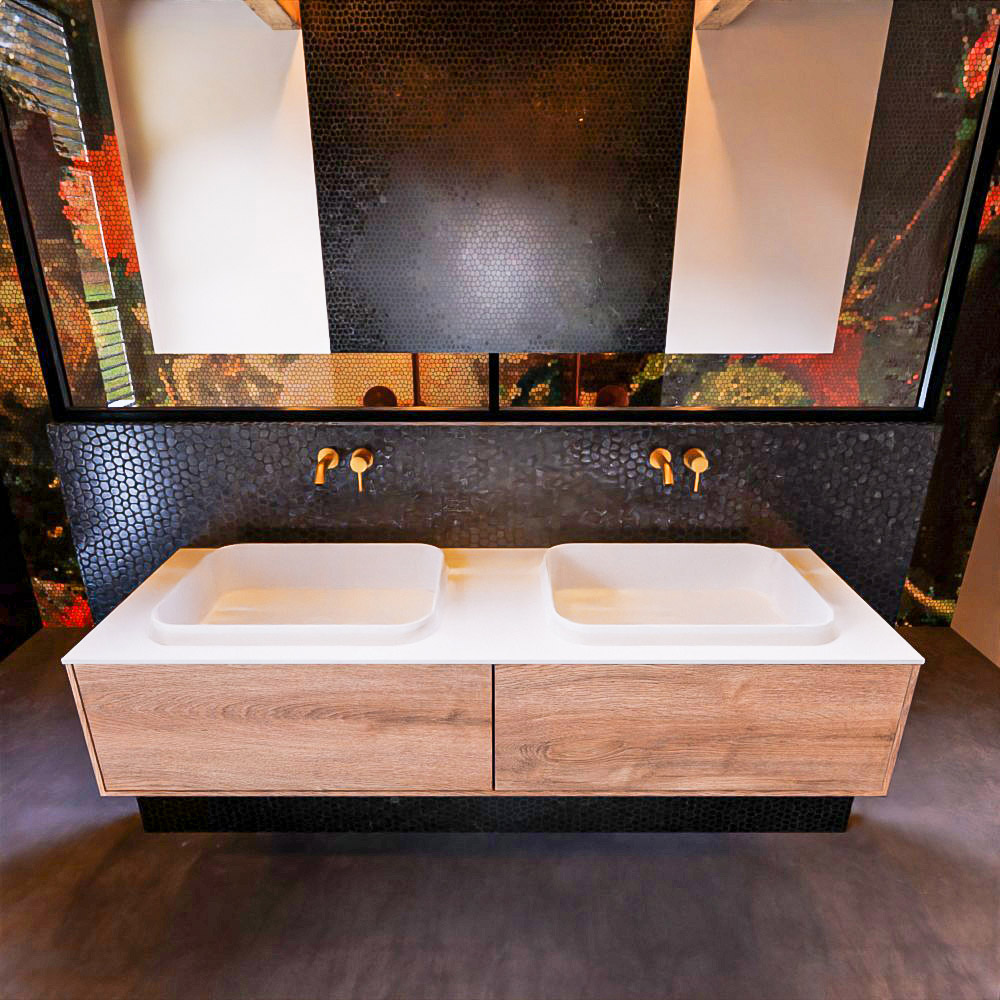 Badkamermeubelset Mondiaz Erin 150 cm met 2 Lades met RIDGE Wastafel Dubbel Talc Zonder Kraangaten Greeploos Mat Washed Oak