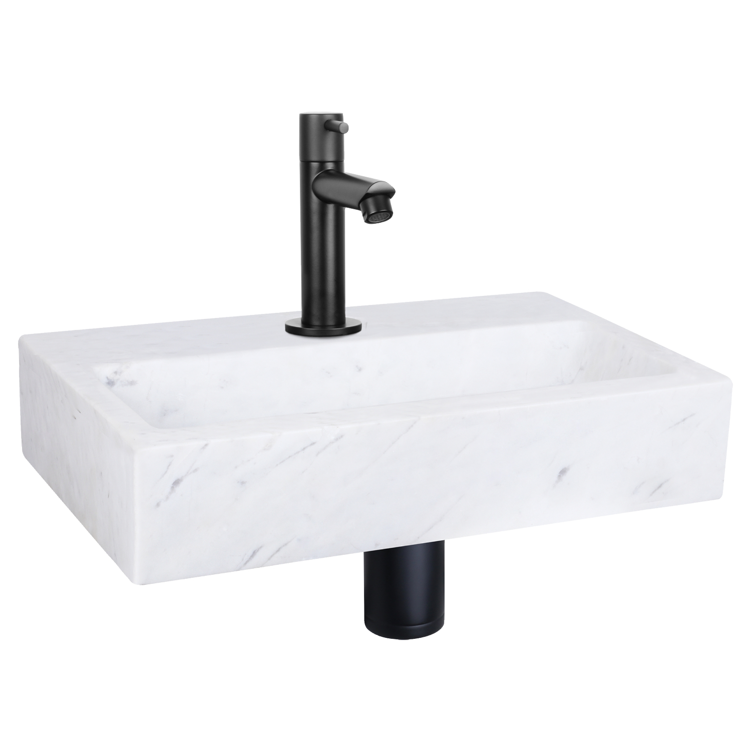 Fonteinset Differnz Flat Marmer 38x24x8 cm Wit Met Rechte Kraan Mat Zwart