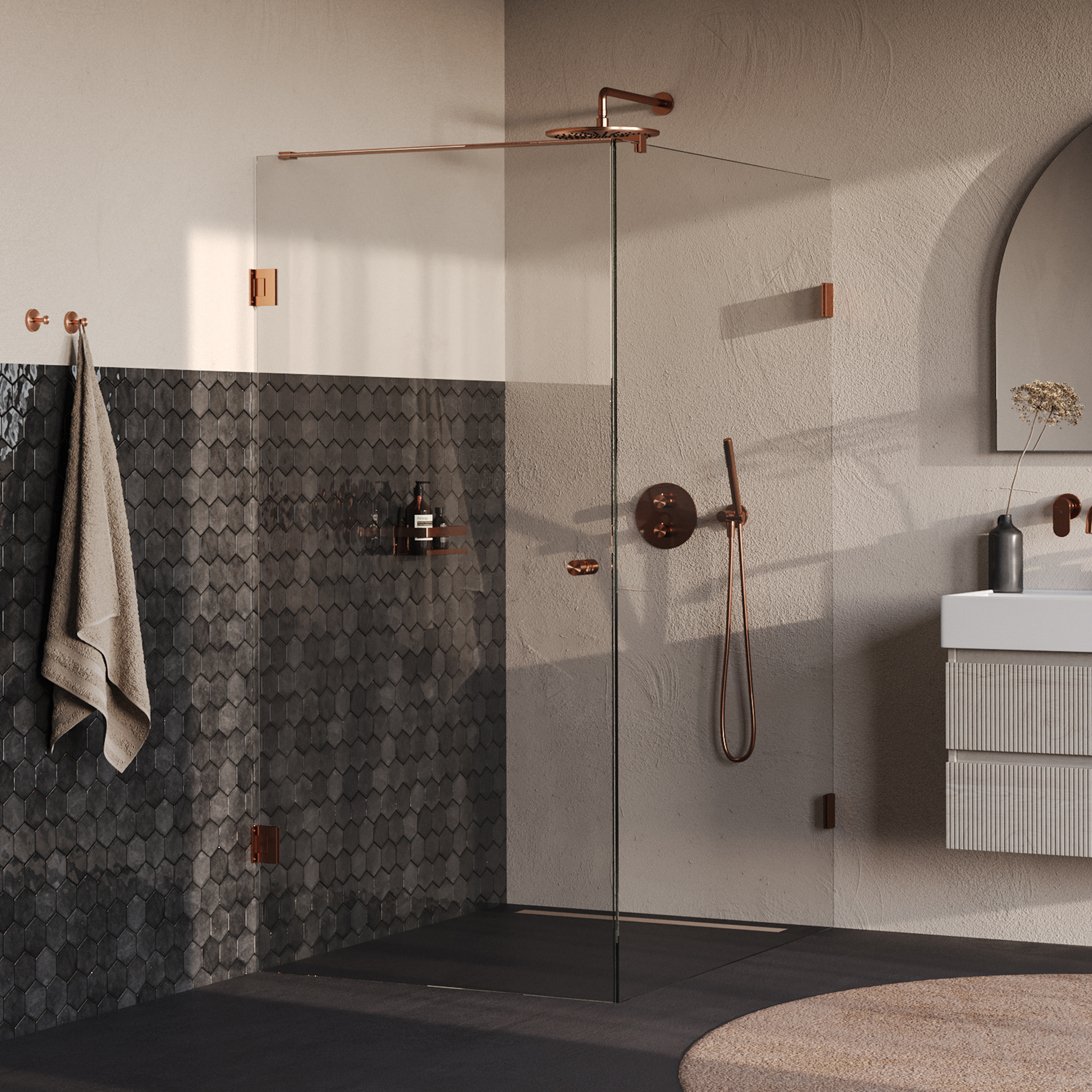 BRAUER Void Carving douchecabine met draaideur helder glas 90x140x200 incl. glascoating PVD koper geborsteld afbeelding