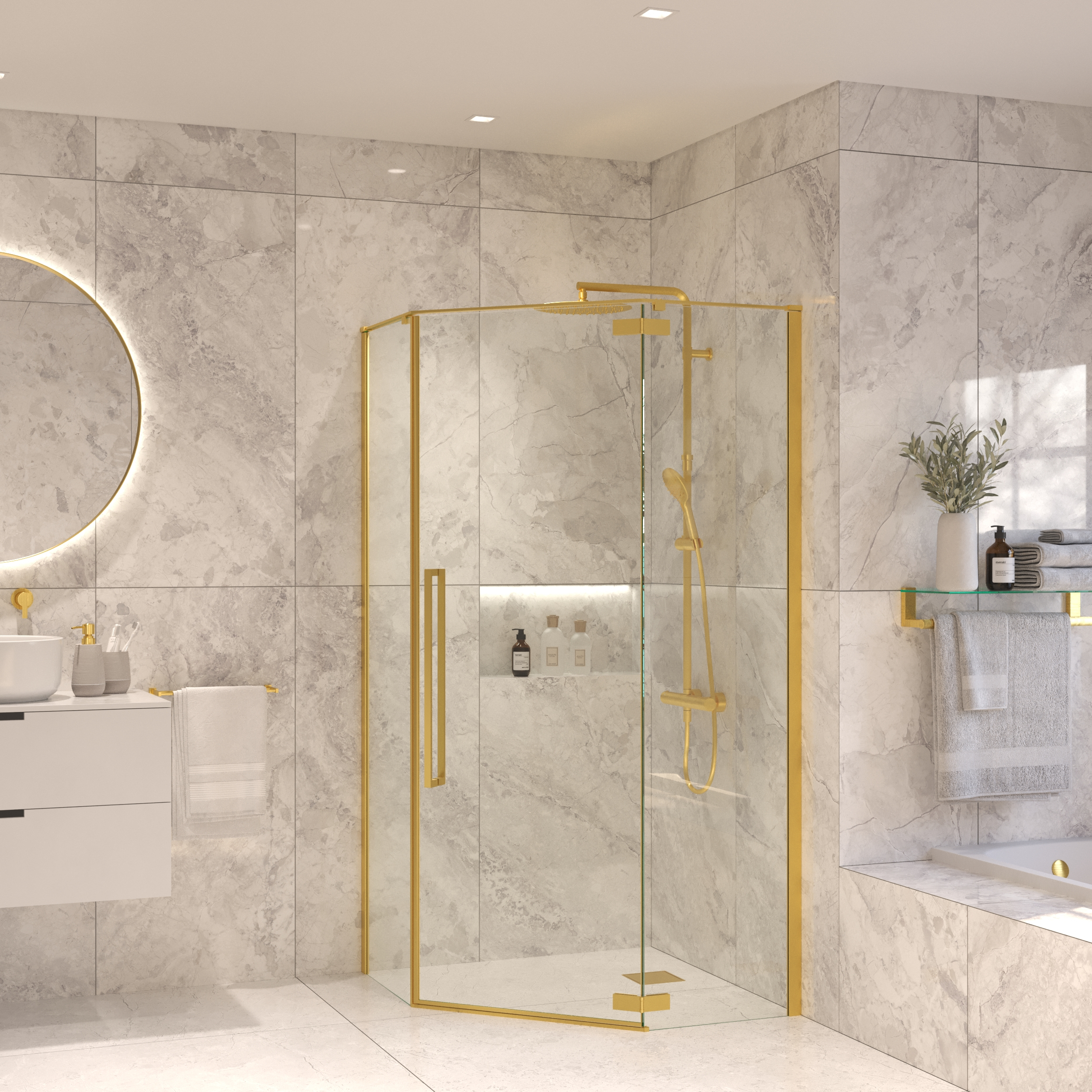 Sanivo Vijfhoekige Douchecabine  Vigo 90x90x200 cm Geborsteld Messing Goud